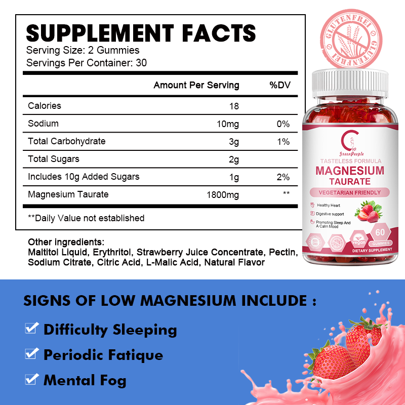 1800mg Magnesium Taurate Gummies for Overall Health, Muscles Function, Sugar-Free & Vegan & Non-GMO, 60 Strawberry Gummies - GPGP GREENPEOPLE