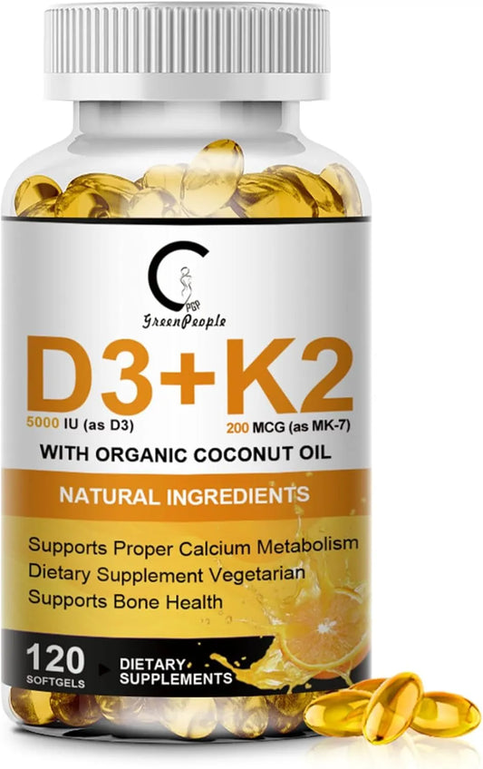 2 Packs Vitamin D3 K2 Supplement with Vitamin D3 5000 IU, 200 mcg Vitamin K2 MK-7 & Natural Coconut Oil, Plant Based 2-1 Formula for Bone, Teeth, Muscle -120 Ct - GPGP GREENPEOPLE