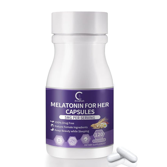 Bottle of melatonin sleep aid capsules with Ashwagandha, GABA, and L-Theanine