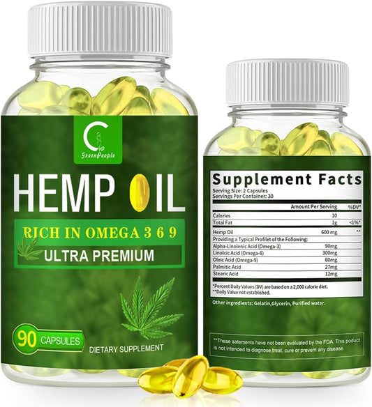 GPGP GreenPeople 100% Natural Hemp Oil Capsules - 180 Servings - Extra Strength Hemp Oil Extract for Stress, Sleep & Mood Support, Rich in Omega 3, 6, 9 - GPGP GREENPEOPLE