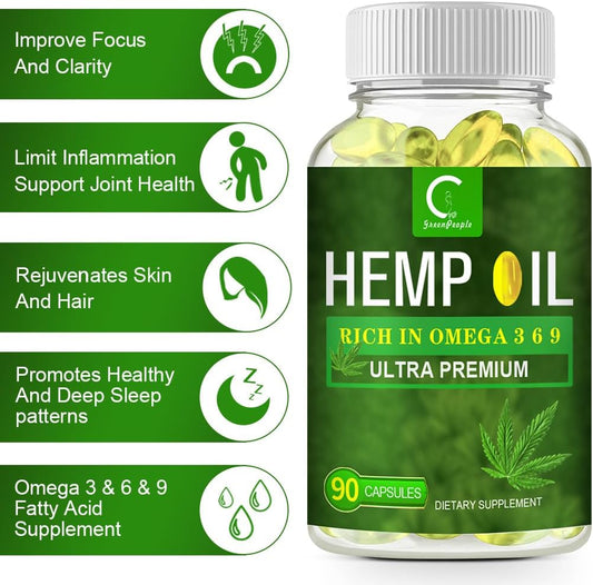 GPGP GreenPeople 100% Natural Hemp Oil Capsules - 180 Servings - Extra Strength Hemp Oil Extract for Stress, Sleep & Mood Support, Rich in Omega 3, 6, 9 - GPGP GREENPEOPLE