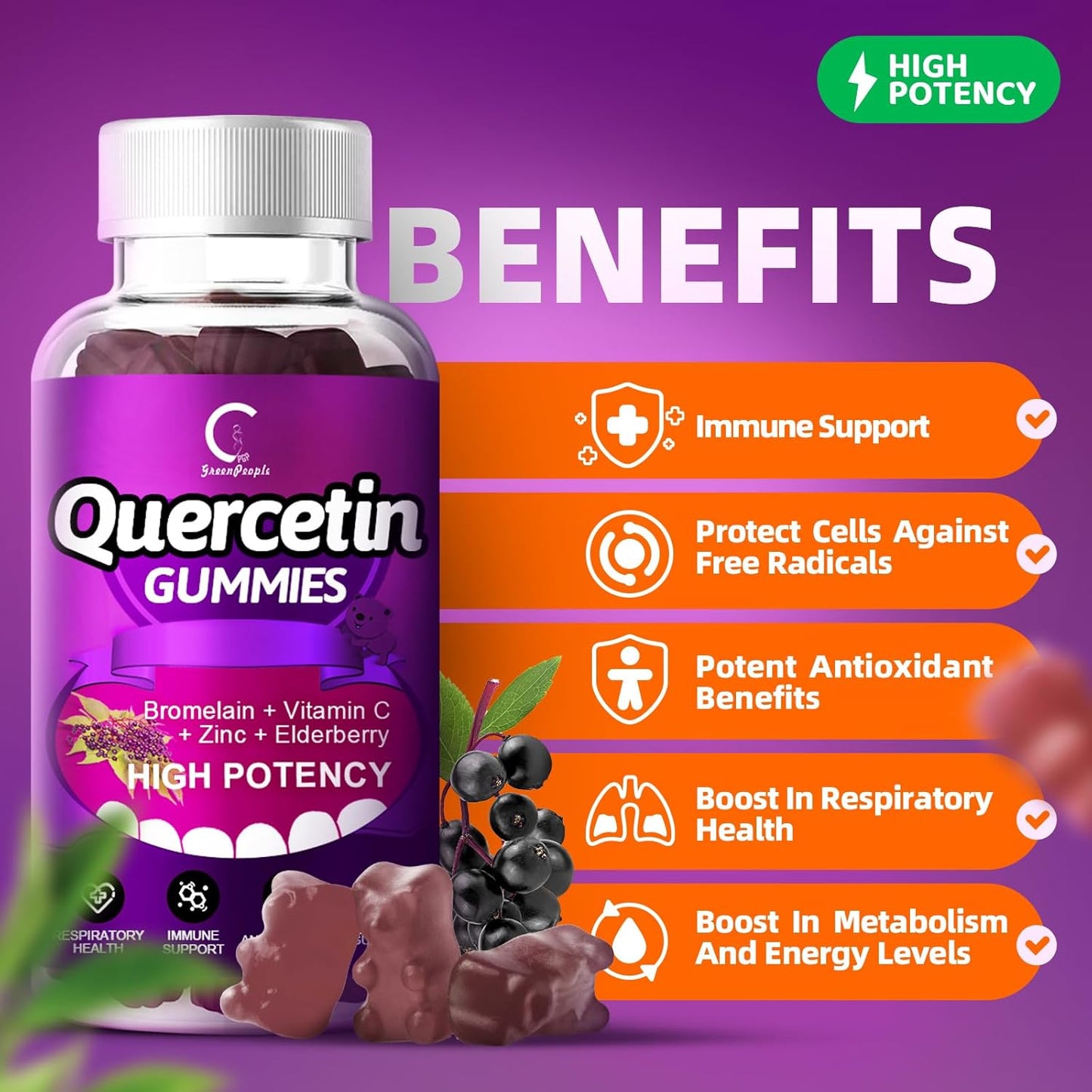 Quercetin Gummies - Quercetin with Bromelain, Vitamin C, Zinc & Elderberry, Extra Strength Immune System Booster, Lung Support Supplement for Adults Kids - 60 CT (2 Pack) - GPGP GREENPEOPLE