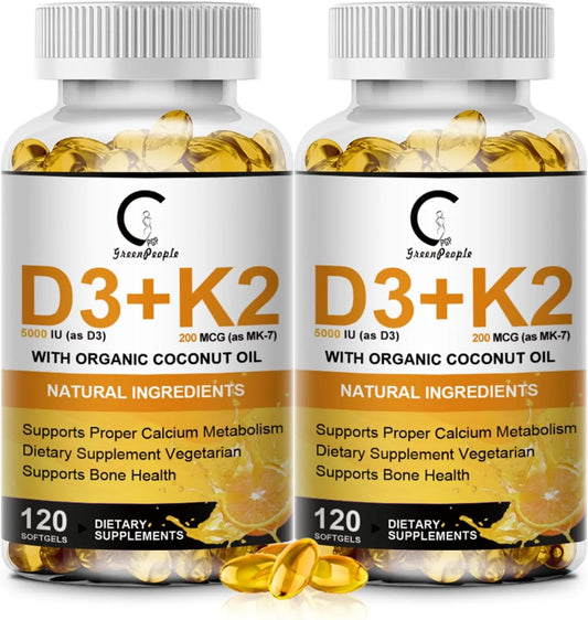 Vitamin D3 K2 supplement bottle with 120 softgels for bone and immune health support