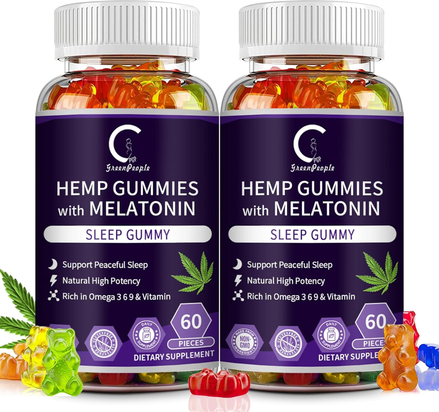 Hemp Gummies for Sleep with Melatonin & Vitamin C, Support Relaxation & Peace, Calm Gummies for Adults, 100% Natural Hemp Oil, Vegan, Non-GMO, 60ct (Pack of 2)