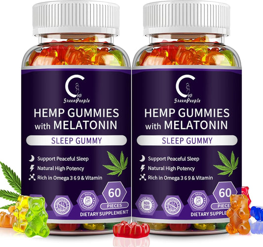 Hemp Gummies for Sleep with Melatonin & Vitamin C, Support Relaxation & Peace, Calm Gummies for Adults, 100% Natural Hemp Oil, Vegan, Non-GMO, 60ct (Pack of 2) - GPGP GREENPEOPLE
