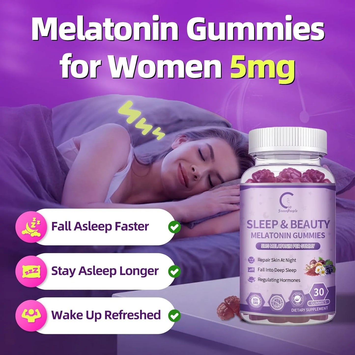 Melatonin Sleep Gummies 5 Mg for Women with Ashwagandha, L-Theanine & Collagen, Sleep Aid Extended Release Formula, Berry Flavor - GPGP GREENPEOPLE