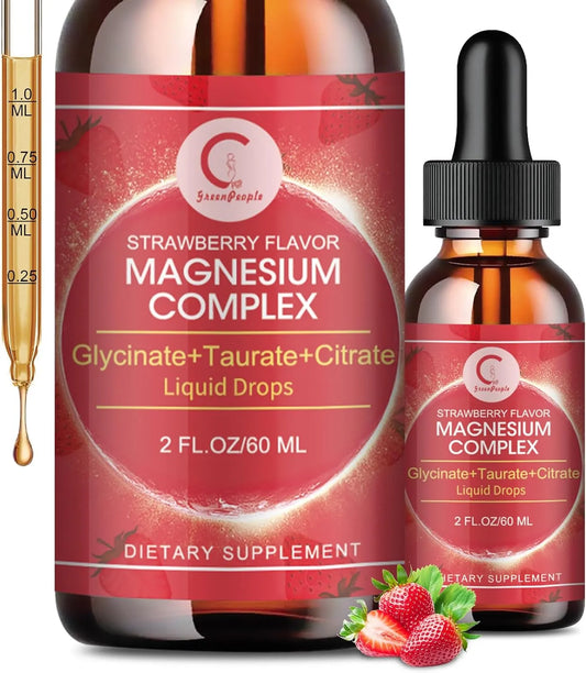 Triple Magnesium Complex Liquid Drops - Magnesium Glycinate Liquid Drops, Taurate & Citrate with L-theanine, Vitamin B6 for Sleep, Muscle, Immune Health, Vegan, Non-GMO, Strawberry Flavor, 2 Fl OZ - GPGP GREENPEOPLE