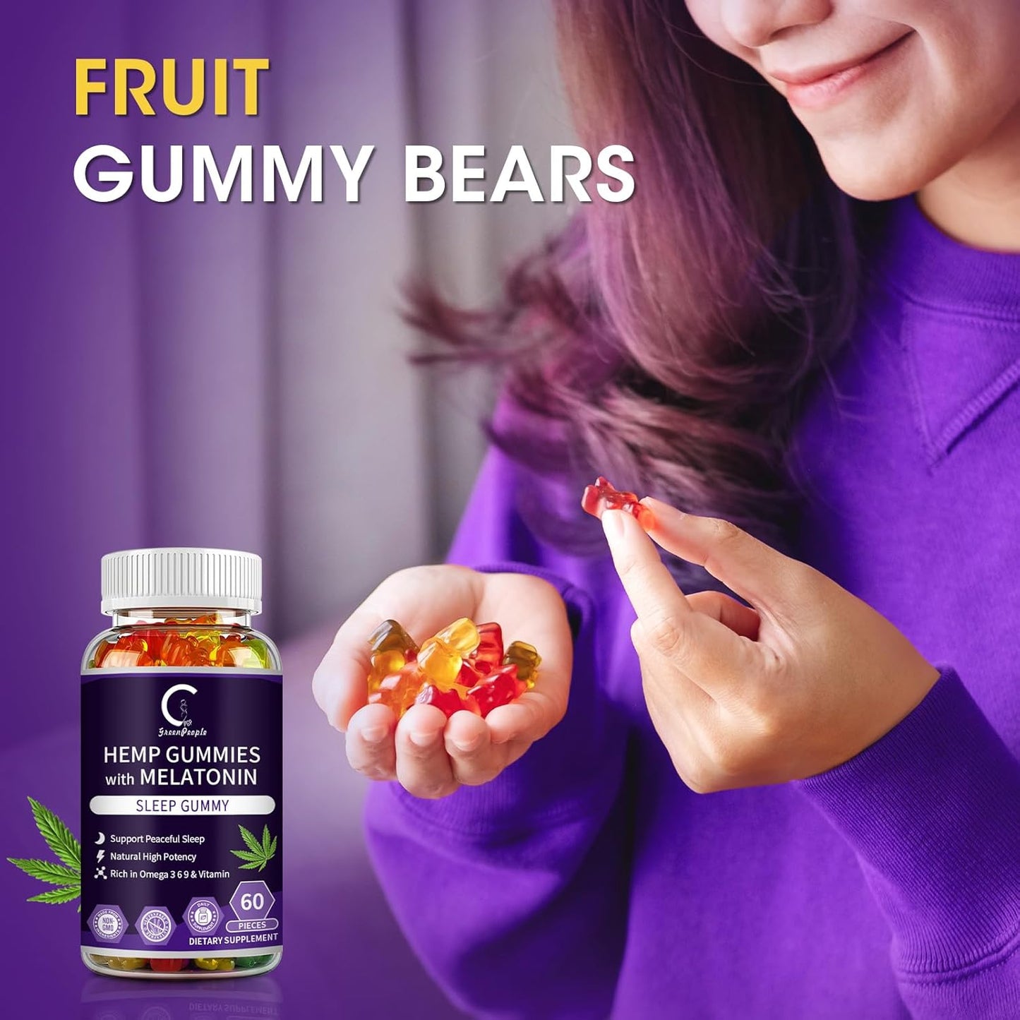Hemp Gummies for Sleep with Melatonin & Vitamin C, Support Relaxation & Peace, Calm Gummies for Adults, 100% Natural Hemp Oil, Vegan, Non-GMO, 60ct (Pack of 2)