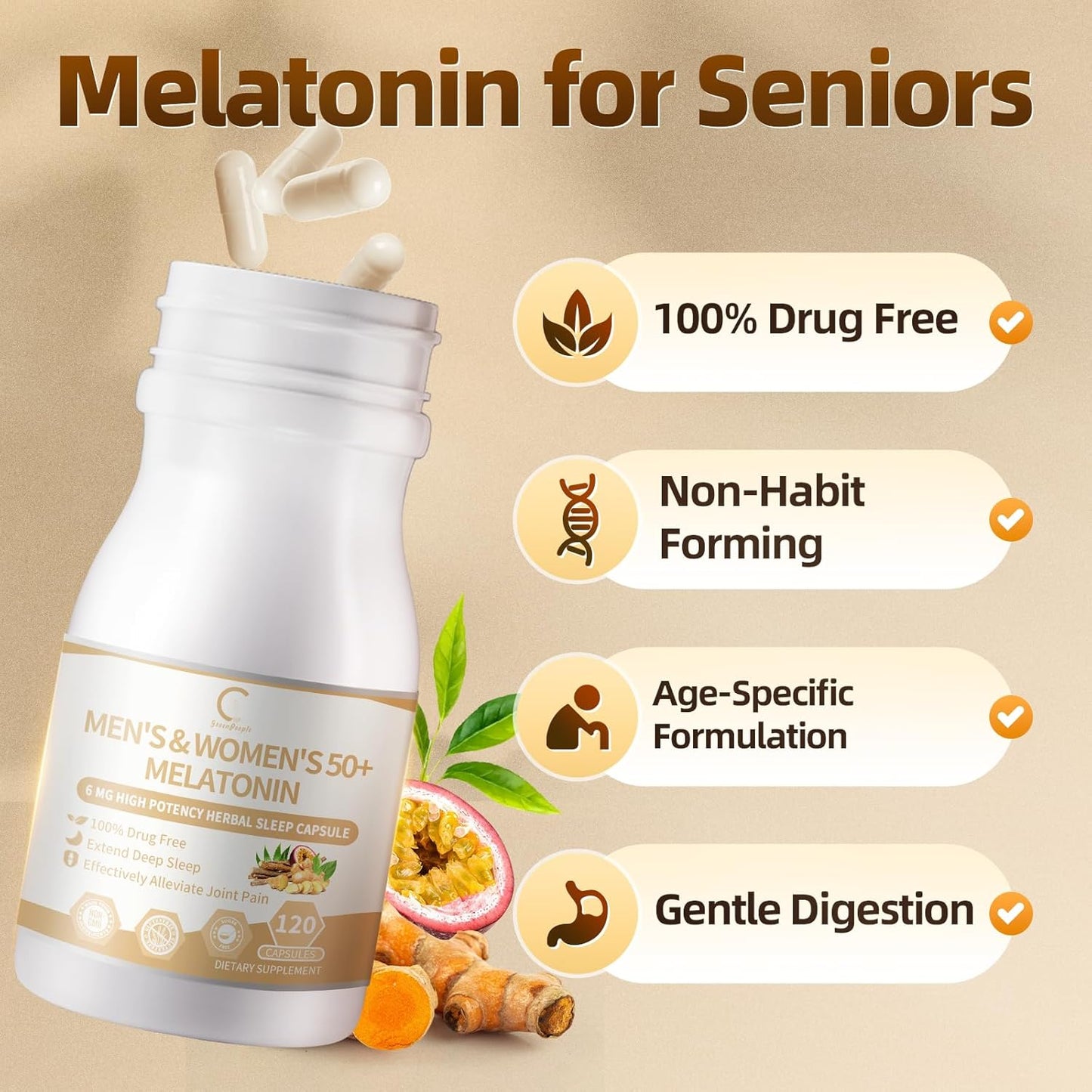 GPGP GreenPeople Ultra-High Complex Extended-Release melatonin | Extra Strength Support for Adults with L-Theanine and Turmeric Root Extract-120 Sleeping Capsules
