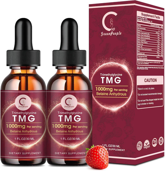 TMG Supplements Liquid Drops 1000mg - Trimethylglycine High Absorption Fast-Acting Supplement, Methylation, Liver Health & Brain Function - Vegetarian, Non-GMO, Strawberry Flavor 1 Fl.Oz (2 Pack) - GPGP GREENPEOPLE