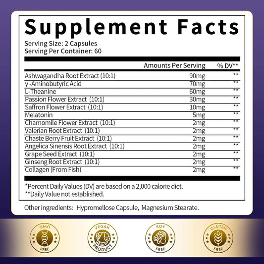 Supplement facts label showing melatonin blend with 13 active ingredients