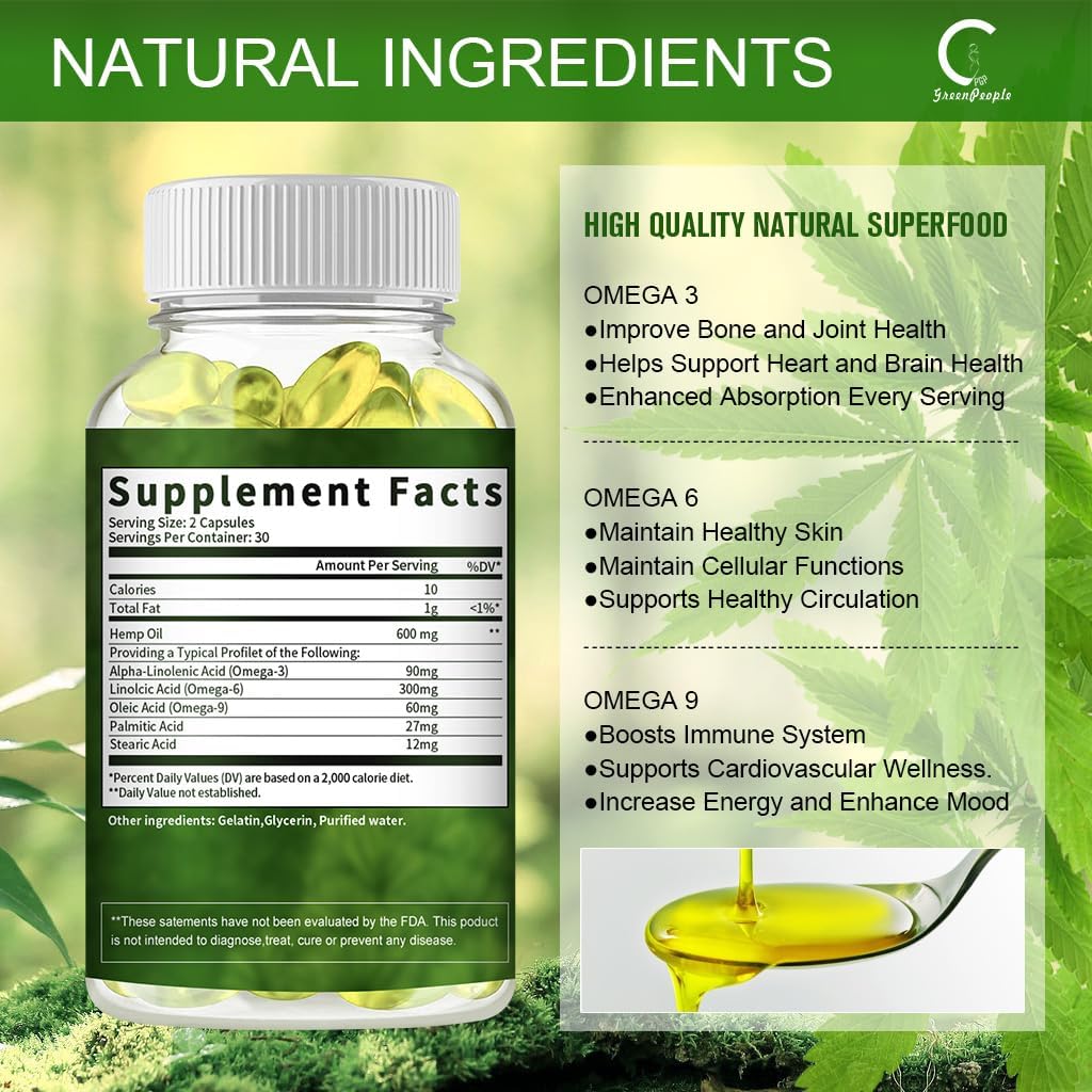 GPGP GreenPeople 100% Natural Hemp Oil Capsules - 180 Servings - Extra Strength Hemp Oil Extract for Stress, Sleep & Mood Support, Rich in Omega 3, 6, 9