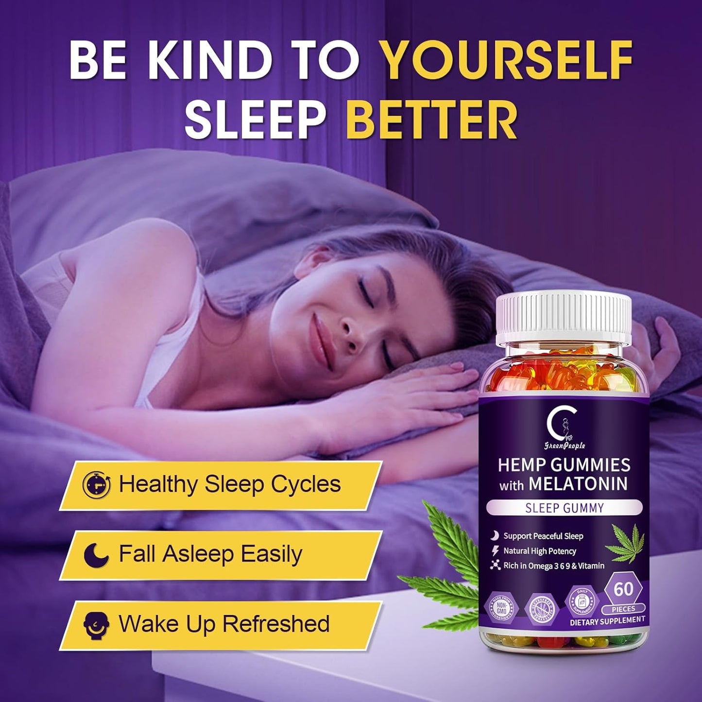Hemp Gummies for Sleep with Melatonin & Vitamin C, Support Relaxation & Peace, Calm Gummies for Adults, 100% Natural Hemp Oil, Vegan, Non-GMO, 60ct (Pack of 2)