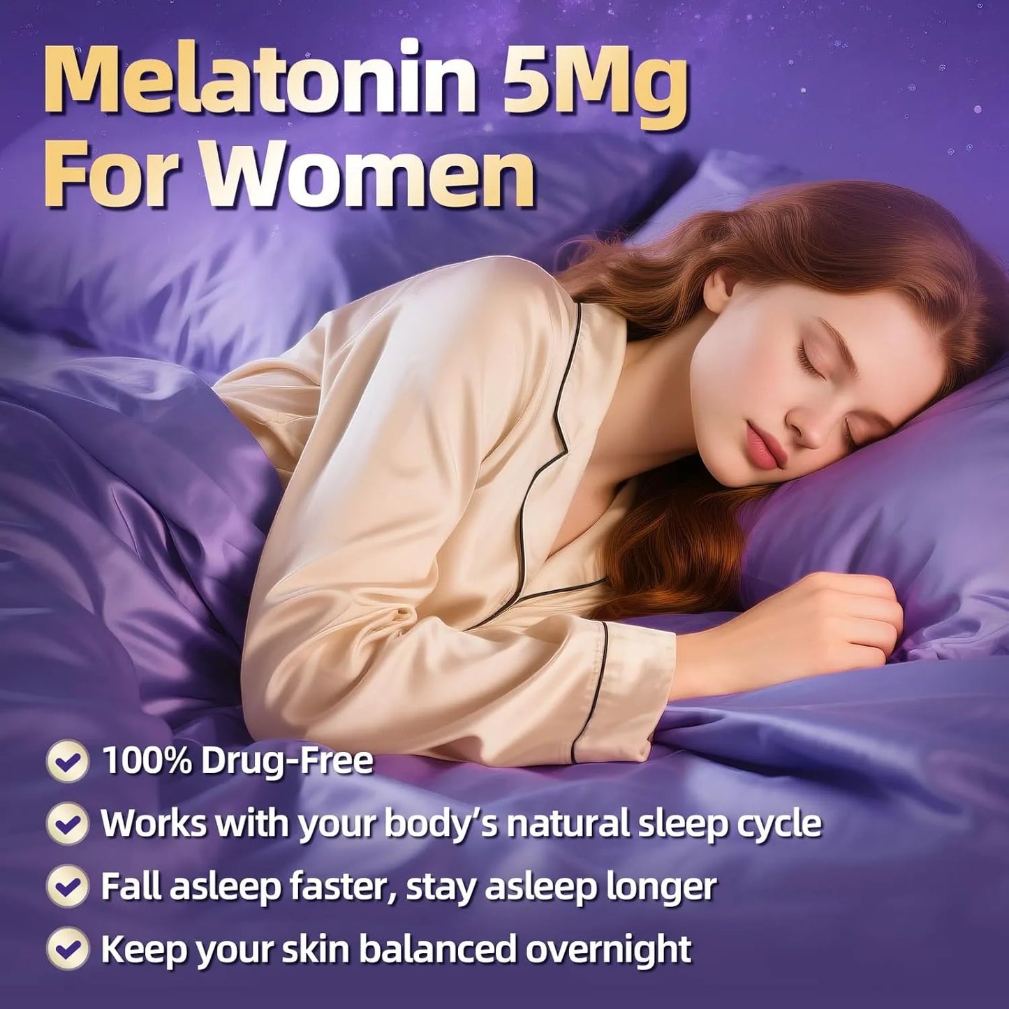 woman taking melatonin capsules before bed for restful sleep