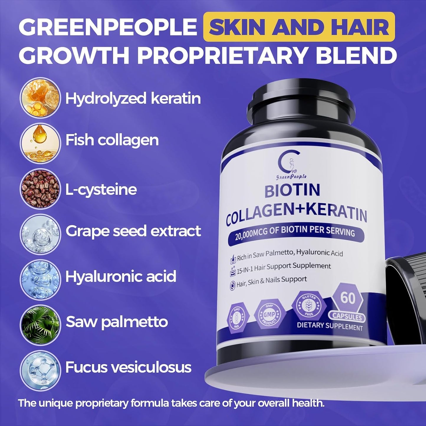 GPGP GreenPeople Hair Growth biotin 20000MCG | Collagen | Keratin for Hair, Skin & Nails with Multivitamins & Minerals for Men & Women - 60 Capsules