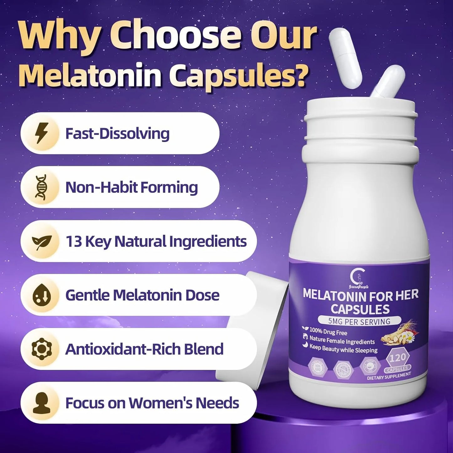 Melatonin 5mg Extra Strength | Adult Extra Strength Supplement, Sleep Aid -120 Capsules - GPGP GREENPEOPLE