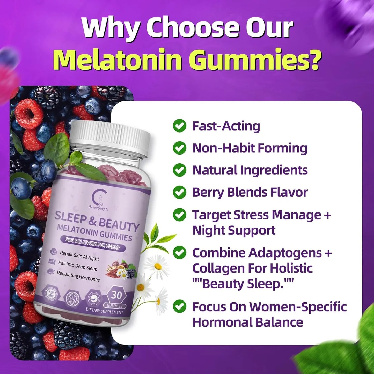 Melatonin Sleep Gummies 5 Mg for Women with Ashwagandha, L-Theanine & Collagen, Sleep Aid Extended Release Formula, Berry Flavor - GPGP GREENPEOPLE