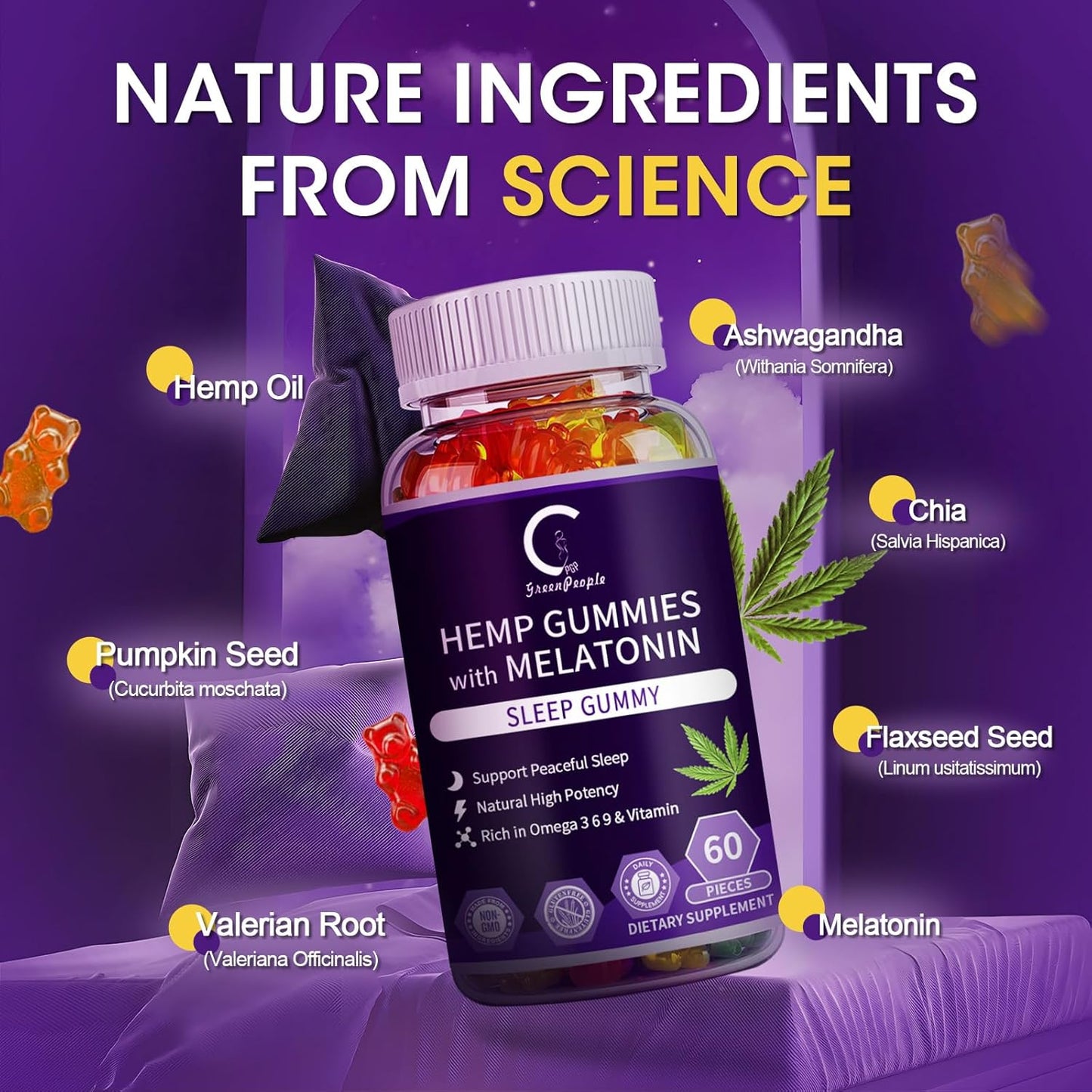 Hemp Gummies for Sleep with Melatonin & Vitamin C, Support Relaxation & Peace, Calm Gummies for Adults, 100% Natural Hemp Oil, Vegan, Non-GMO, 60ct (Pack of 2)