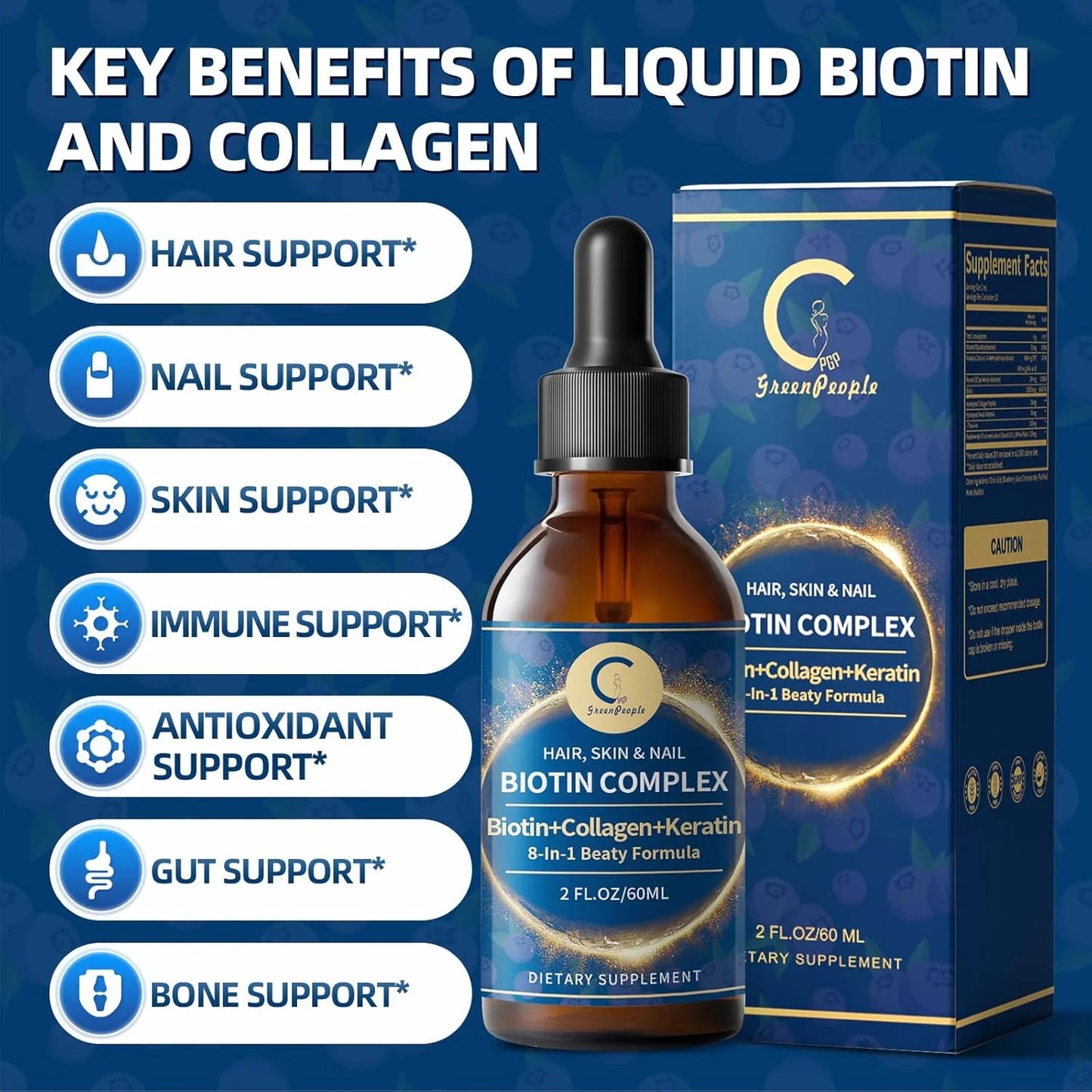 Liquid Biotin 20000mcg Drops - Biotin and Liquid Collagen Supplement for High Potency Vitamin Support - Healthy Hair, Skin, Nails Support - 2 Fl Oz