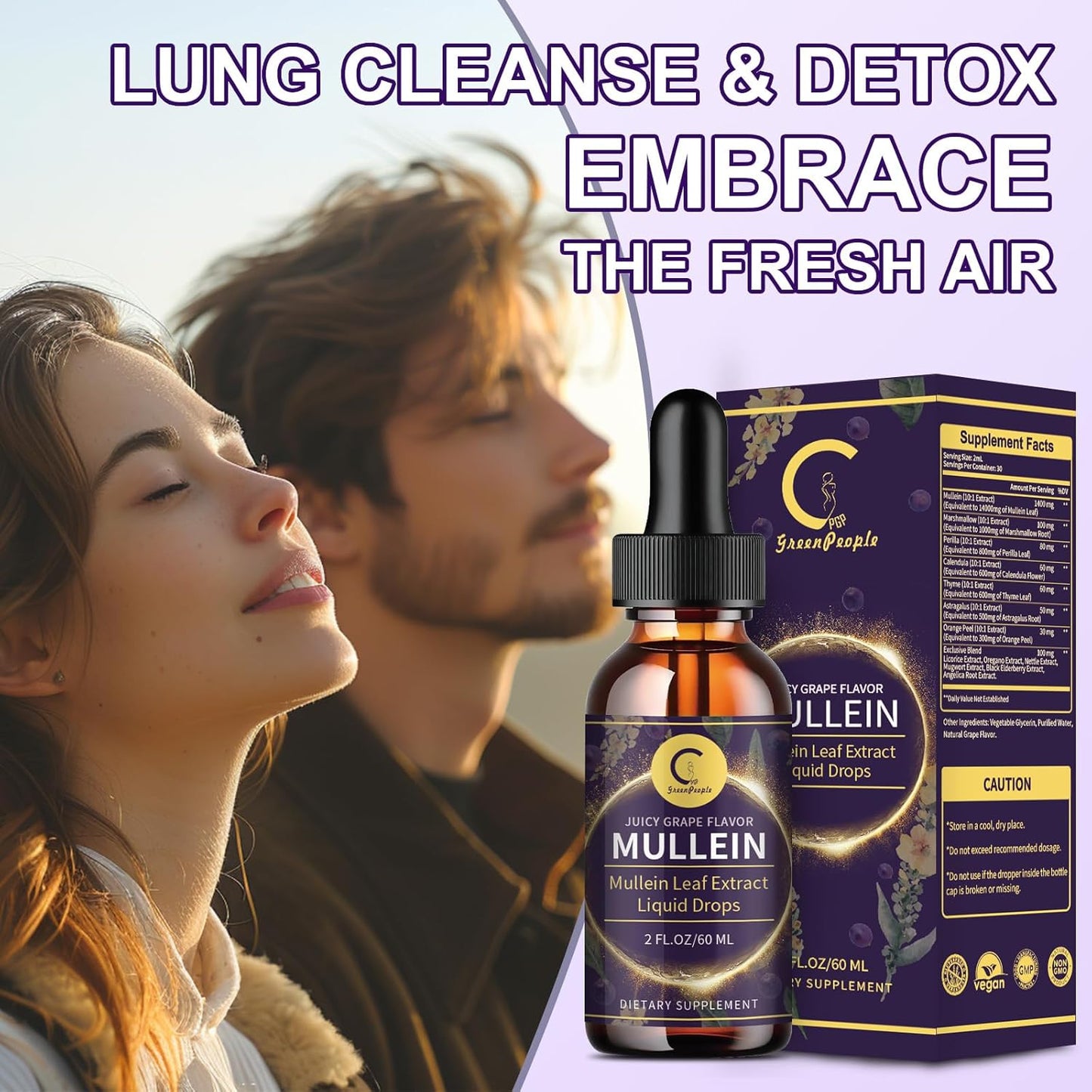 Natural Mullein Leaf Extract Drops for Lung Cleanse & Detox Support for Respiratory, Immune, Digestive System,Grape Flavor, 2 FL OZ