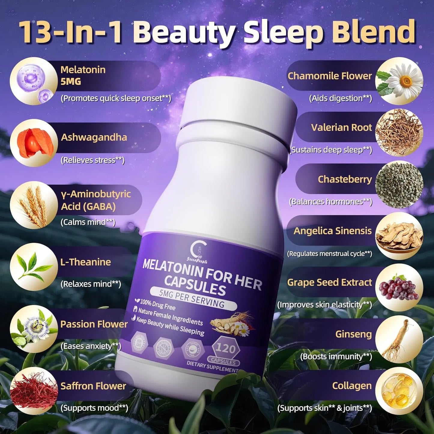 Melatonin 5mg Extra Strength | Adult Extra Strength Supplement, Sleep Aid -120 Capsules - GPGP GREENPEOPLE