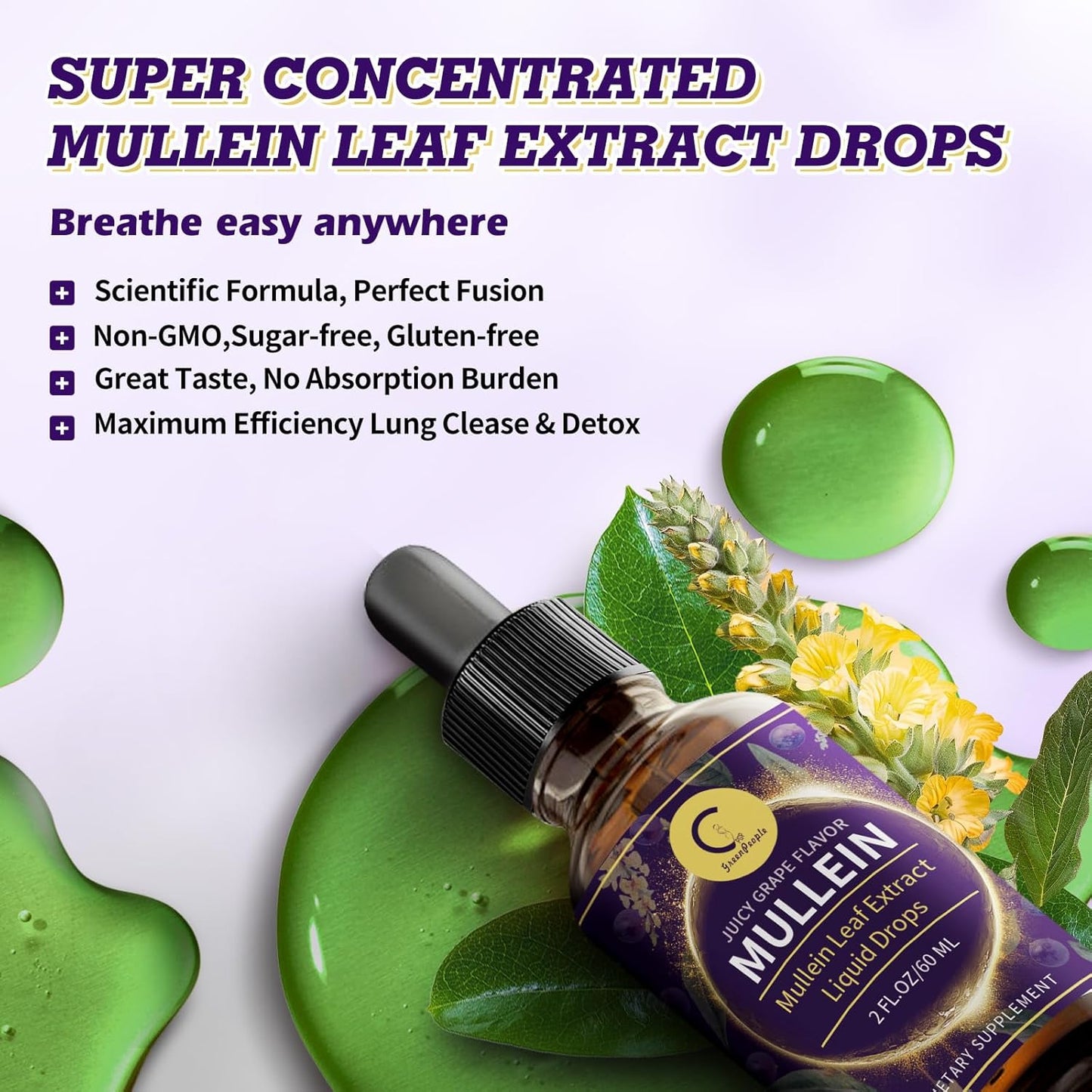Natural Mullein Leaf Extract Drops for Lung Cleanse & Detox Support for Respiratory, Immune, Digestive System,Grape Flavor, 2 FL OZ