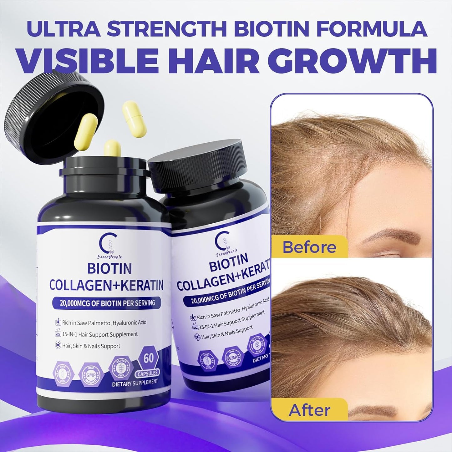 GPGP GreenPeople Hair Growth biotin 20000MCG | Collagen | Keratin for Hair, Skin & Nails with Multivitamins & Minerals for Men & Women - 60 Capsules