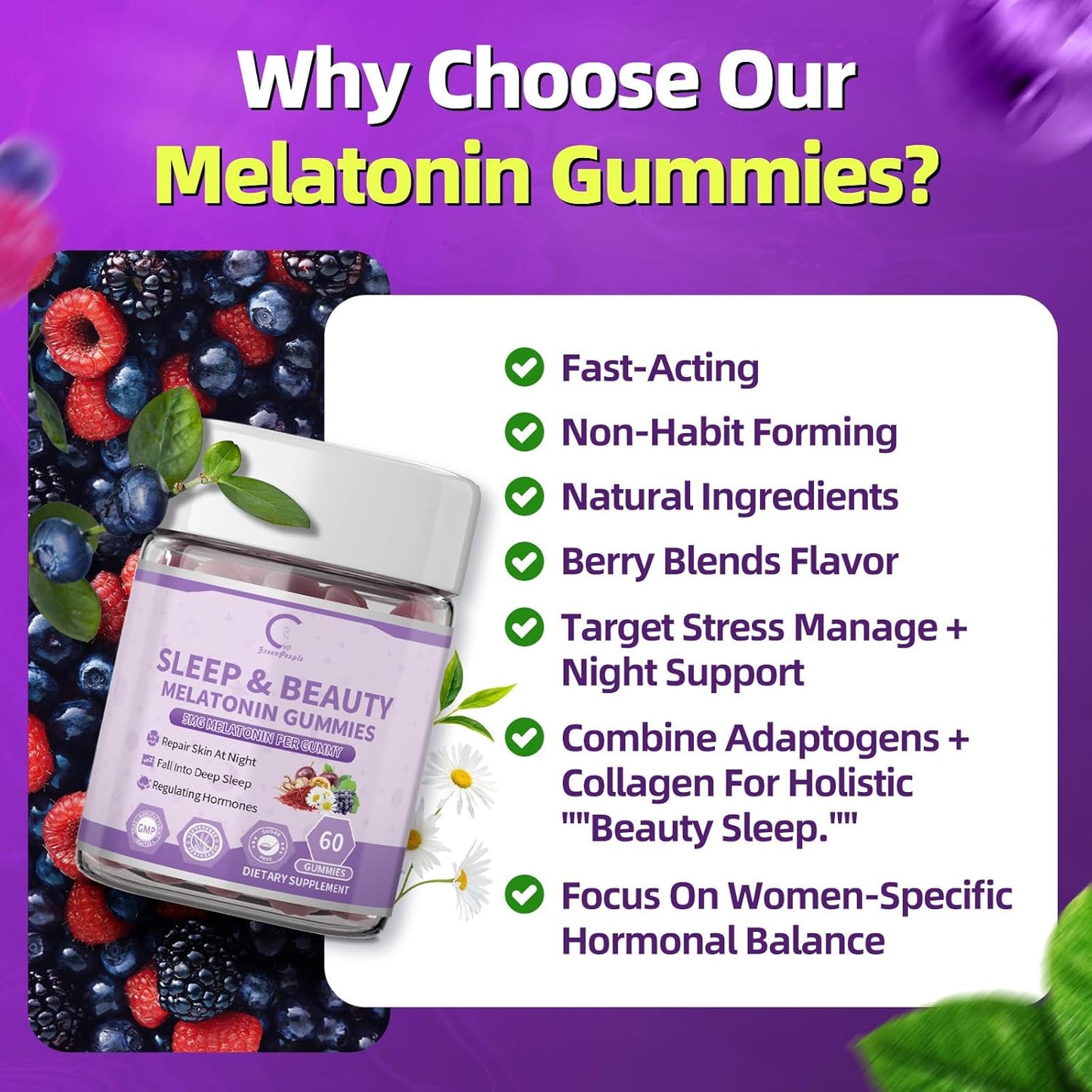 Women's Melatonin 5Mg Gummies with Ashwagandha, L-Theanine & Valerian Root | Natural Sleep Aid, Time Release Formula | Mixed Berry Flavor, Non-GMO, Gluten-Free, Melatonin Gummies 60-Day Supply - GPGP GREENPEOPLE