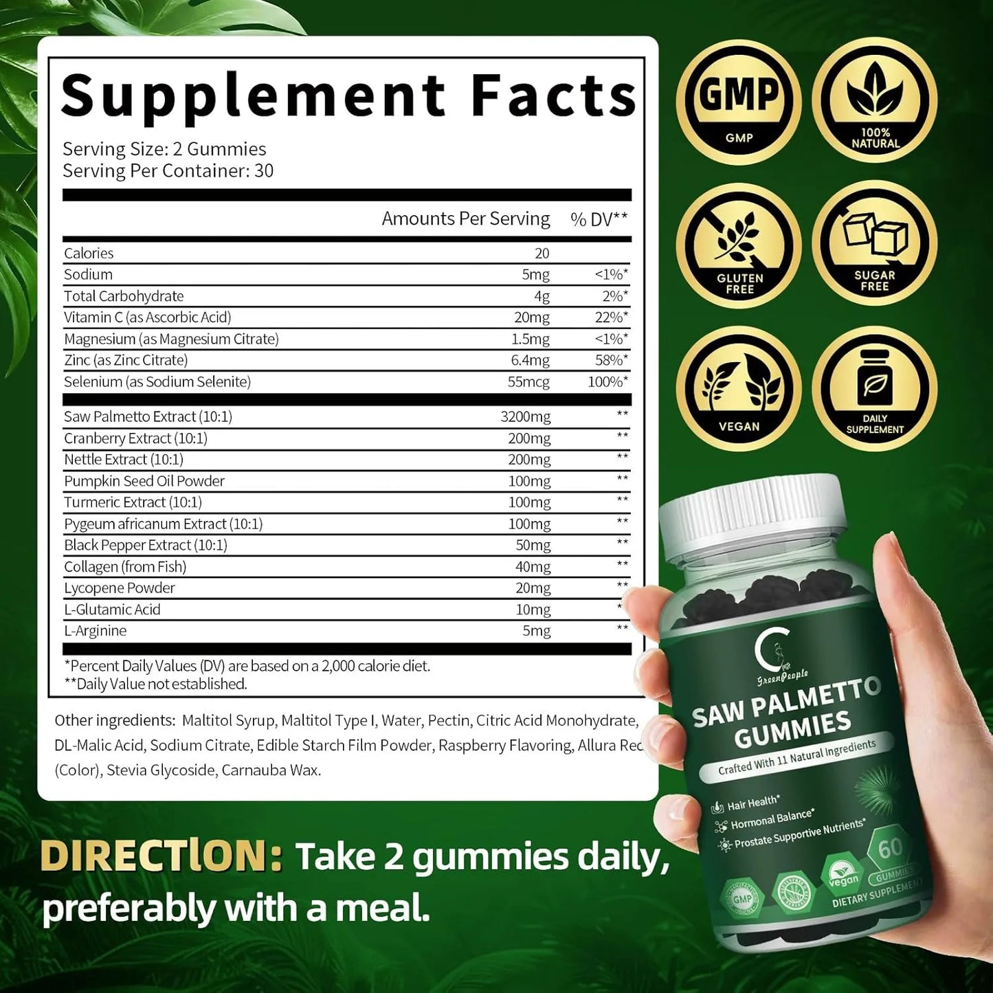 2 Packs Saw Palmetto for Women & Men - Prostate Supplements for Men, Potent Saw Palmetto Extract, DHT Blocker for Women's Hair Growth, Hormonal Balance Gummies, DHT Blocker, 120 Count - GPGP GREENPEOPLE
