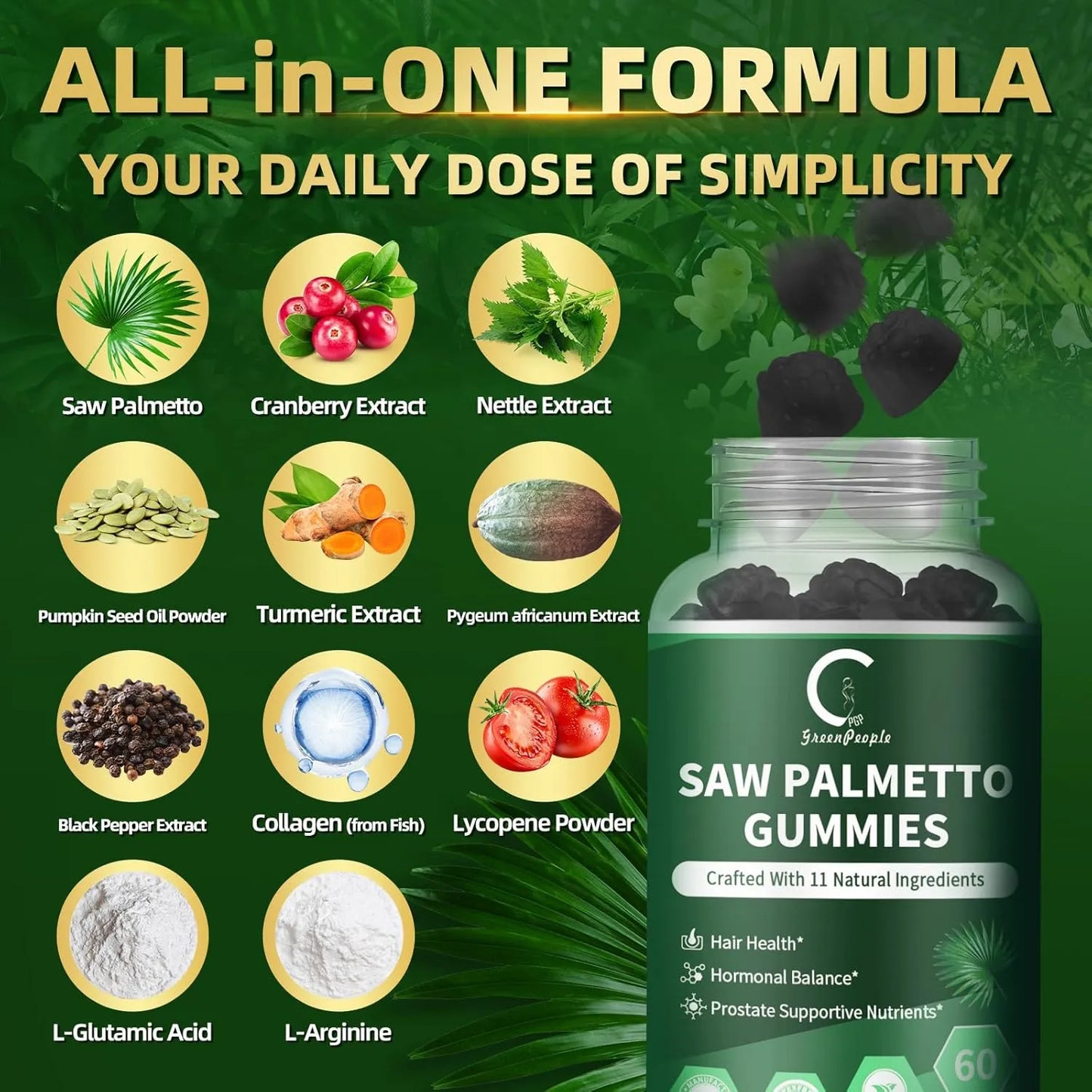 2 Packs Saw Palmetto for Women & Men - Prostate Supplements for Men, Potent Saw Palmetto Extract, DHT Blocker for Women's Hair Growth, Hormonal Balance Gummies, DHT Blocker, 120 Count - GPGP GREENPEOPLE