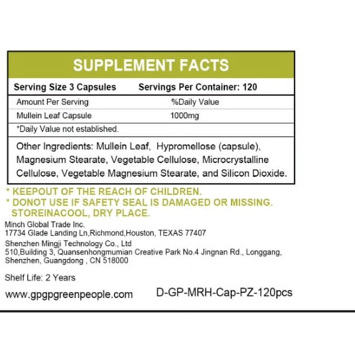 (2 PACK) Greenpeople Mullein Leaf 1000mg, Support Respiratory System Health, Lung Cleansing and Detoxification, 240 Capsules
