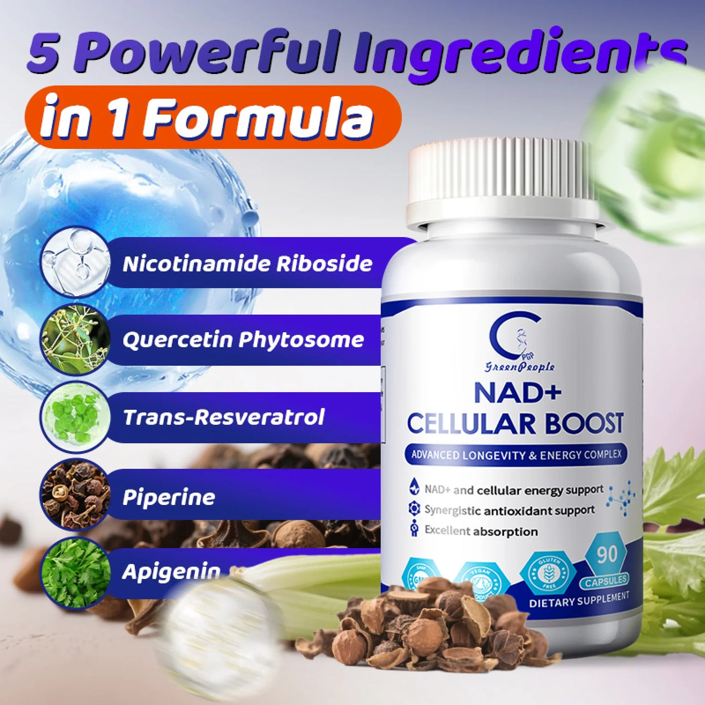 NAD+ Nicotinamide Riboside Supplement, Resveratrol Boosting Supplement,90 Capsule - GPGP GREENPEOPLE
