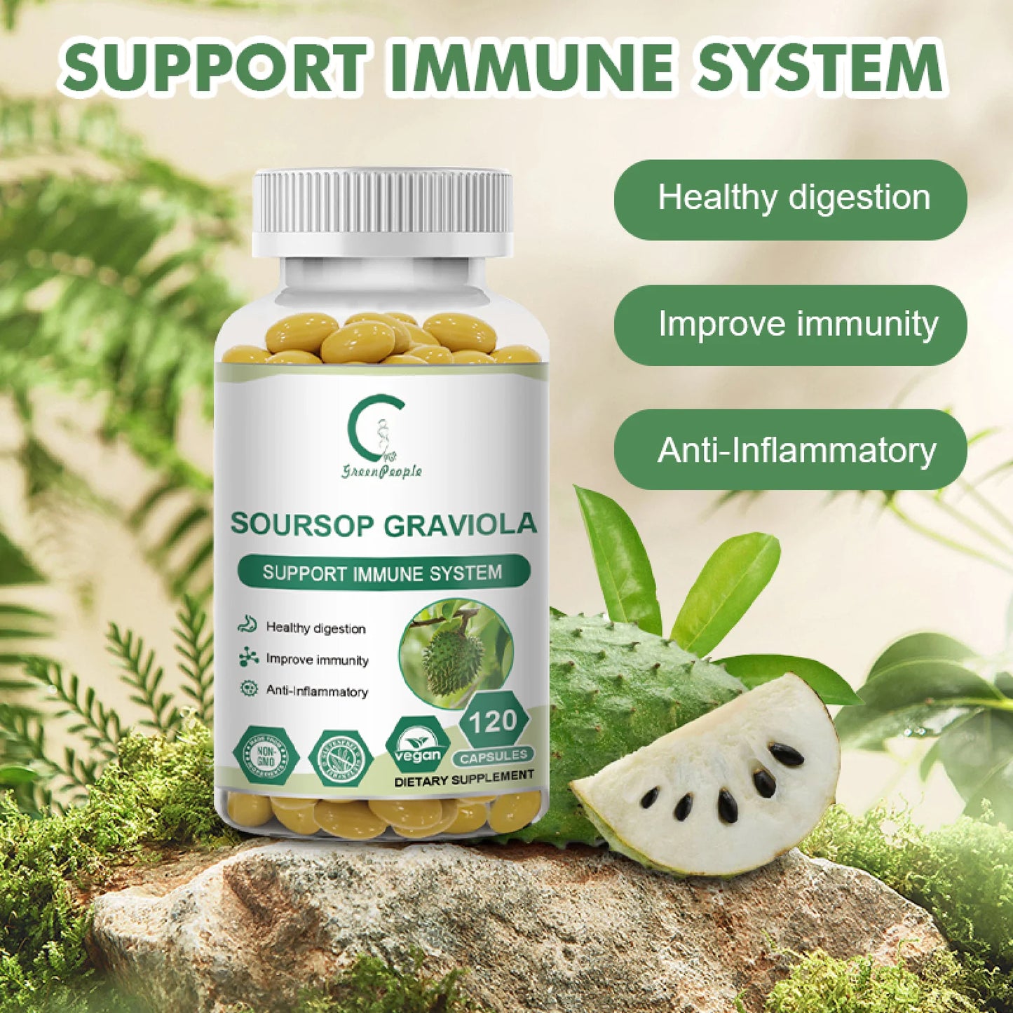 Soursop Graviola Capsules 120Ct Easy to Swallow by GPGP
