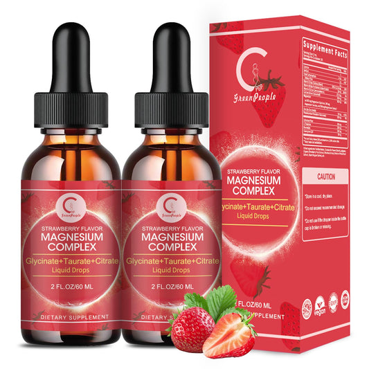 (2 Pack) Magnesium Glycinate Liquid Drops with Citrate & Taurate,Triple Magnesium Complex Supplement with Calcium, Potassium for Energy, Sleep, Muscle, Immune, Sugar Free, Strawberry Flavor, 4 Fl OZ - GPGP GREENPEOPLE