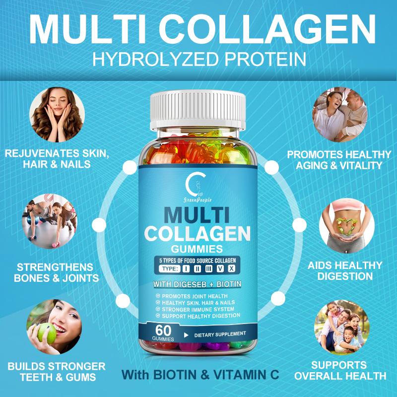 GPGP GreenPeople Multi Collagen Gummies (Types I, II, III, V, X) with Biotin for Whitening,Hair Growth, Skin, Nails