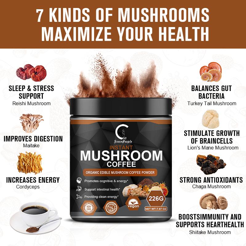 Instant Organic Edible Mushroom Coffee Powder Supplement for Energy, Focus, Immune Support - GPGP GREENPEOPLE