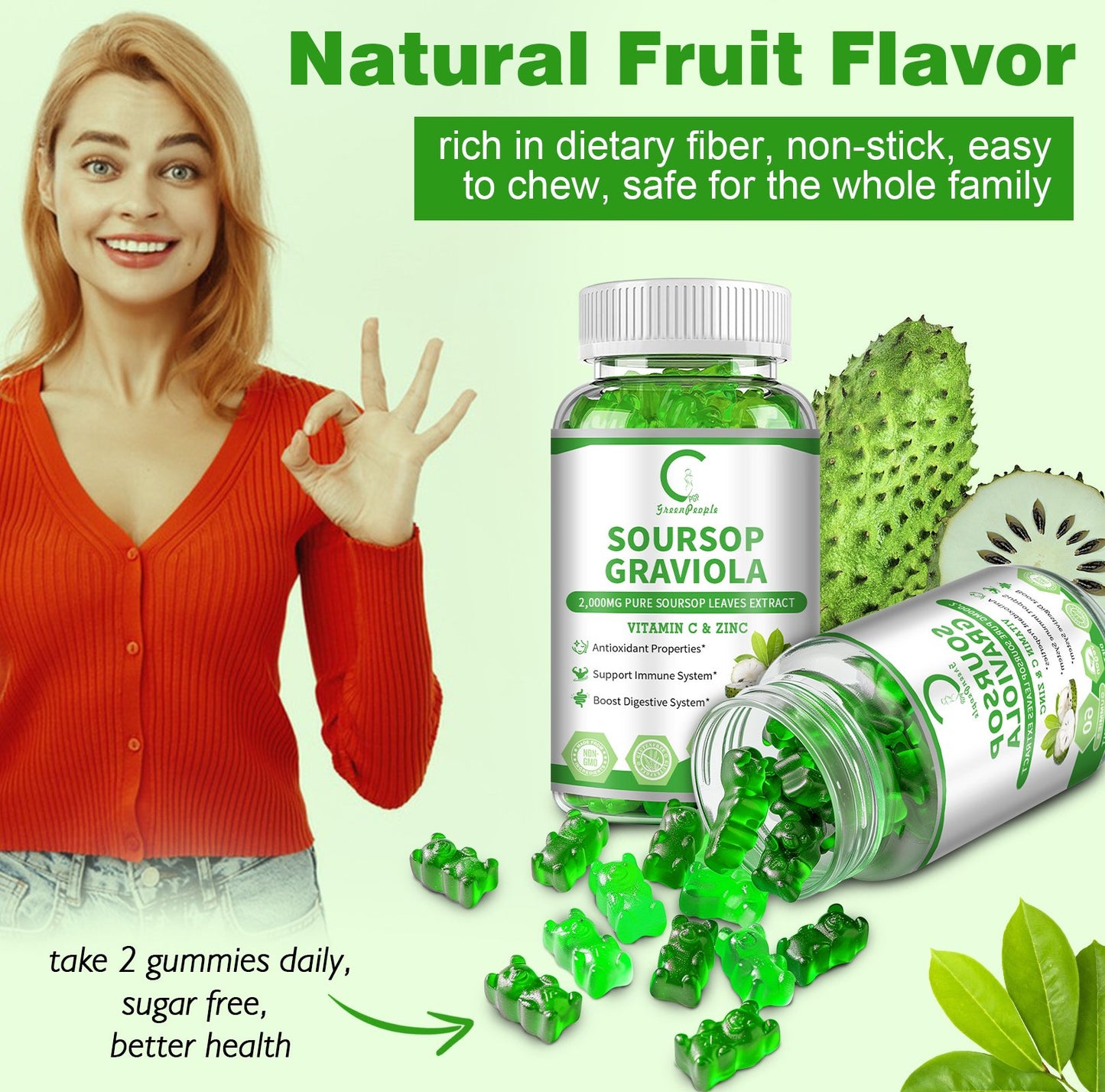 Soursop Graviola Gummies, Soursop Leaves Extract for Energy Boost, Digestive & Immune Support, Antioxidant Properties, Pure Soursop Fruit Gummies, Vegan, Non-GMO, 60 Counts - GPGP GREENPEOPLE
