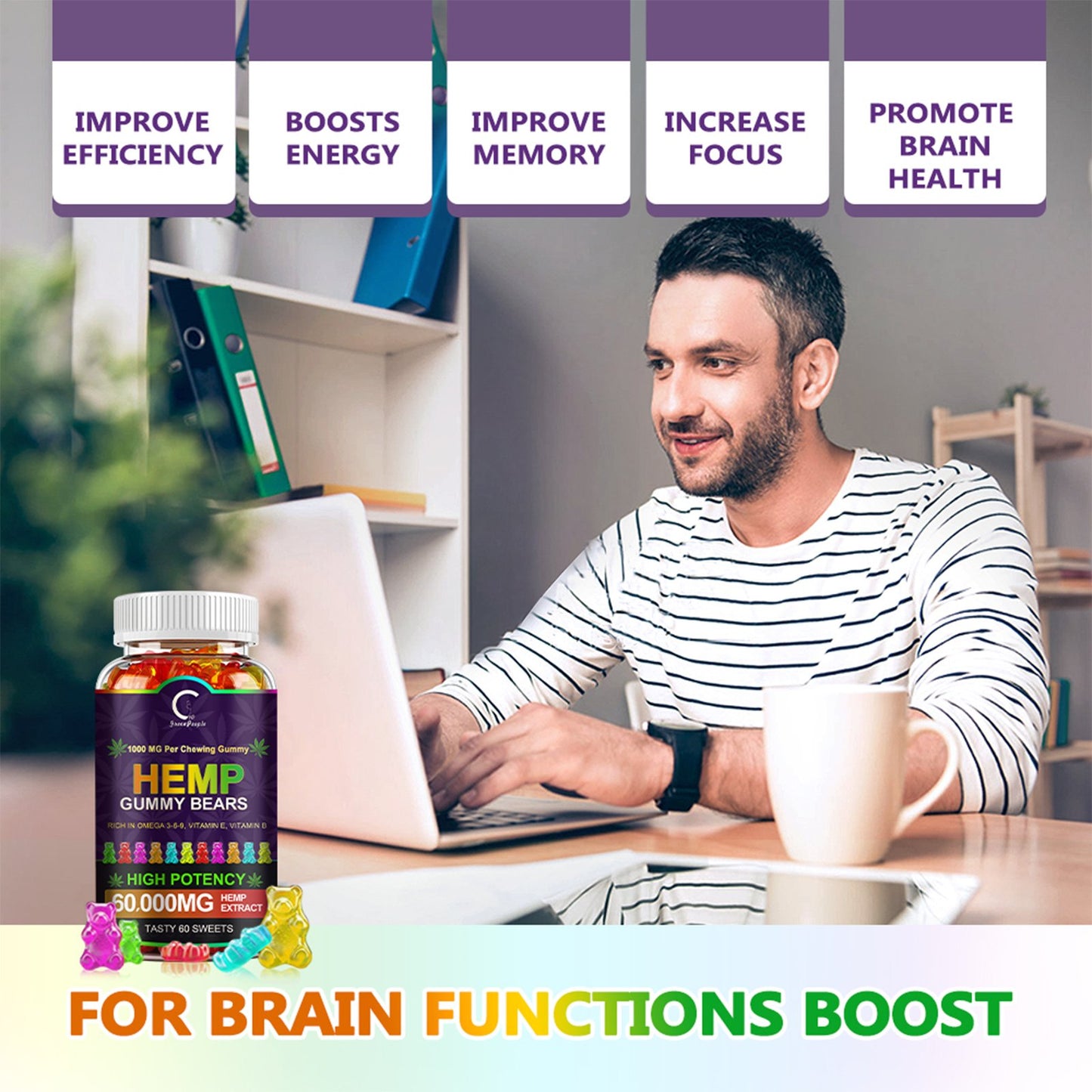 GPGP GreenPeople (3 Pack) Hemp Gummies 60,000mg Extra Strength, 100% Natural Hemp Oil Infused Bear Gummy, Promotes Focus Calm, Sleep and Calm Mood - GPGP GREENPEOPLE
