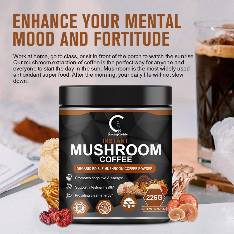 Instant Organic Edible Mushroom Coffee Powder Supplement for Energy, Focus, Immune Support - GPGP GREENPEOPLE