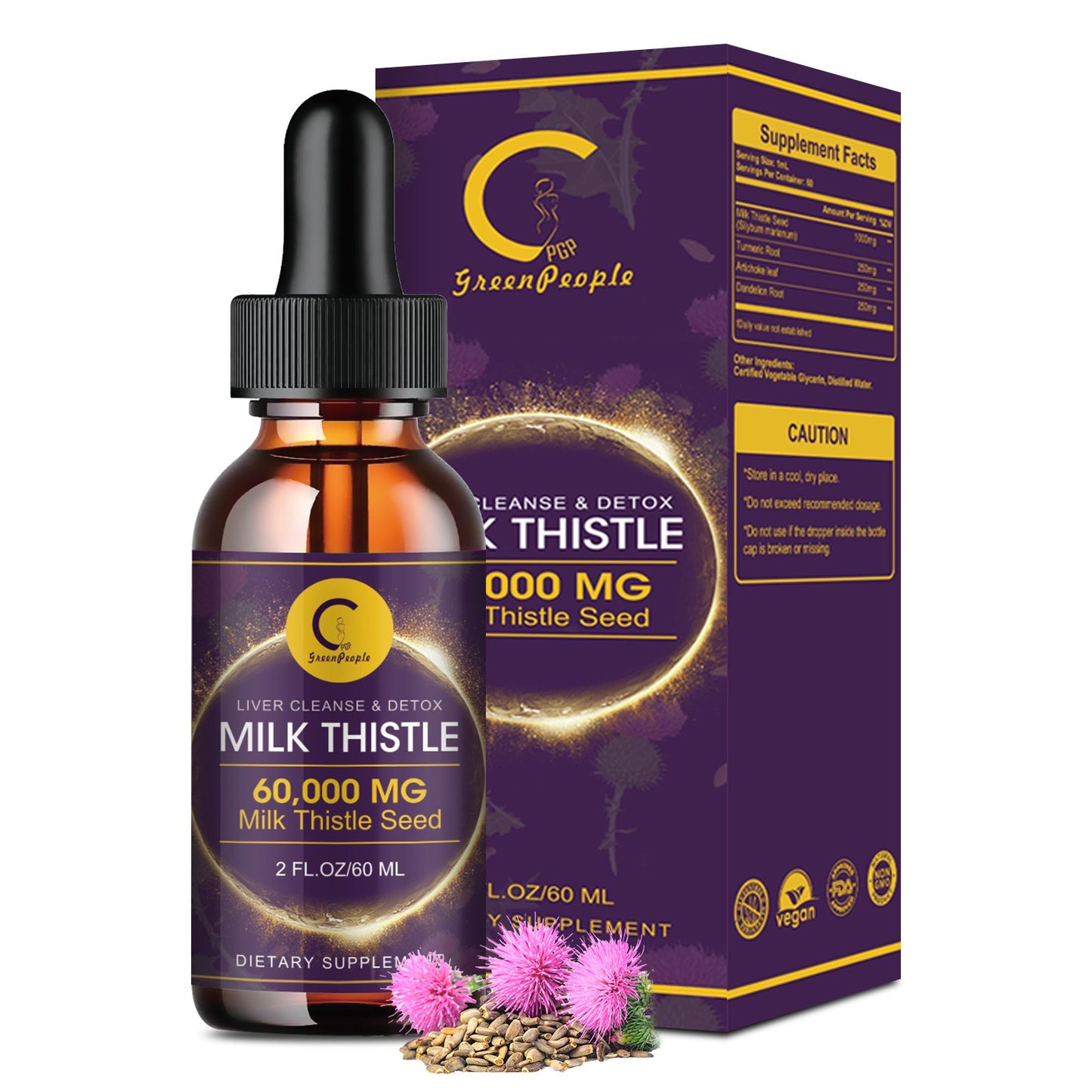 Milk Thistle Extract Drops for Liver Cleanse & Repair - 1000mg Milk Thistle Supplement with Turmeric, Artichoke and Dandelion Root, 4-in-1 High Potency Herbal Tincture, Vegan, Non-GMO, 2.1 FL OZ - GPGP GREENPEOPLE
