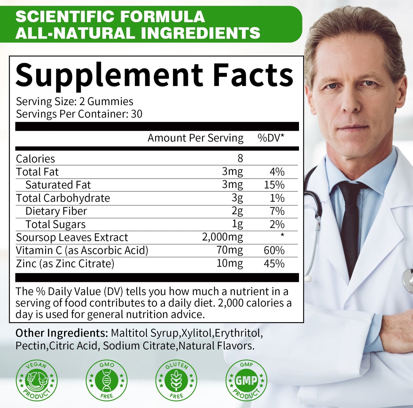 Soursop Graviola Gummies, Soursop Leaves Extract for Energy Boost, Digestive & Immune Support, Antioxidant Properties, Pure Soursop Fruit Gummies, Vegan, Non-GMO, 60 Counts