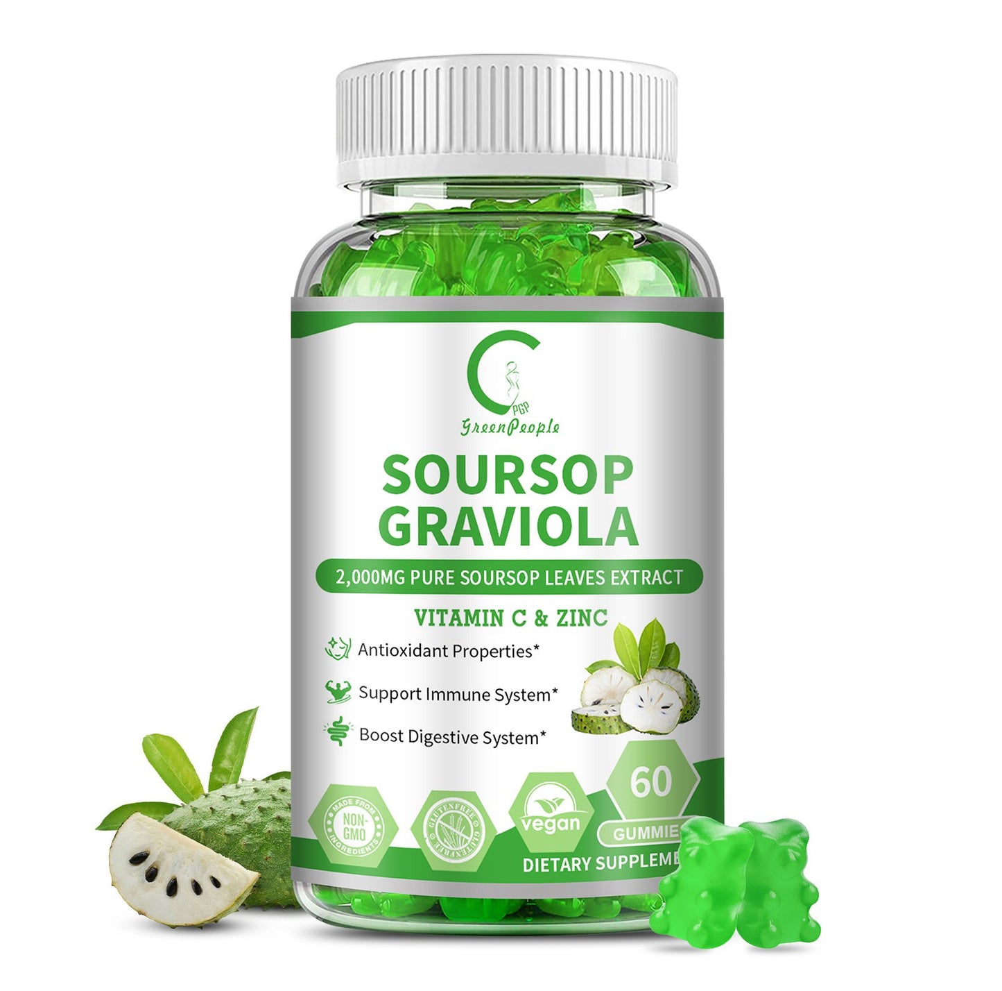 Soursop Graviola Gummies, Soursop Leaves Extract for Energy Boost, Digestive & Immune Support, Antioxidant Properties, Pure Soursop Fruit Gummies, Vegan, Non-GMO, 60 Counts