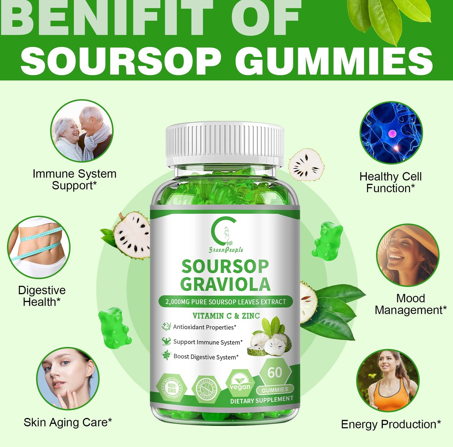 Soursop Graviola Gummies, Soursop Leaves Extract for Energy Boost, Digestive & Immune Support, Antioxidant Properties, Pure Soursop Fruit Gummies, Vegan, Non-GMO, 60 Counts