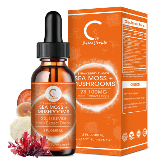Sea Moss & Mushrooms Liquid Drops, Lions Mane Supplement with Irish Sea Moss & Cordyceps etc, Support for Memory, Focus & Clarify, Immune and Digestive Health, Non-GMO, Strawberry Flavor, 2 FL OZ - GPGP GREENPEOPLE