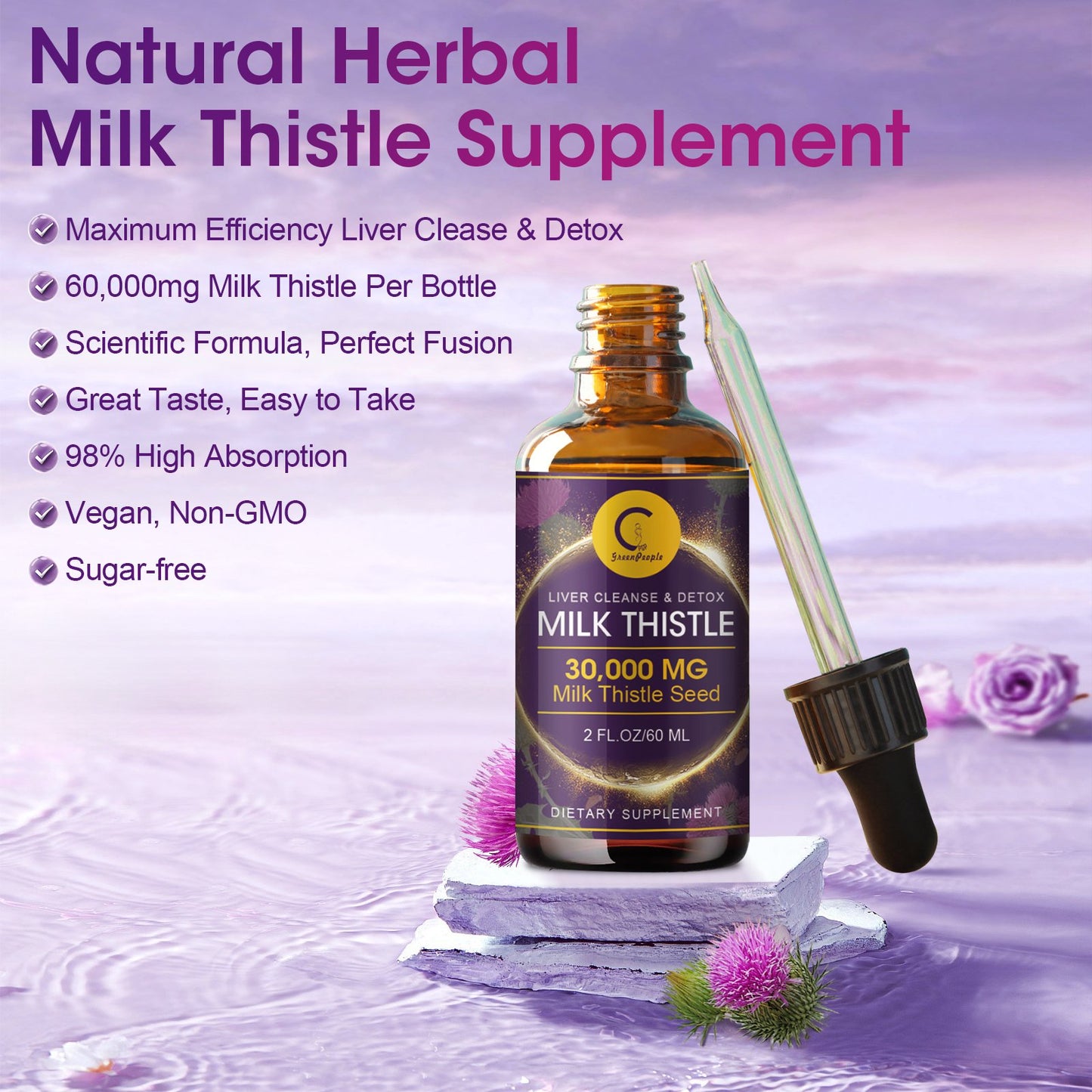 Milk Thistle Extract Drops for Liver Cleanse & Repair - 1000mg Milk Thistle Supplement with Turmeric, Artichoke and Dandelion Root, 4-in-1 High Potency Herbal Tincture, Vegan, Non-GMO, 2.1 FL OZ - GPGP GREENPEOPLE