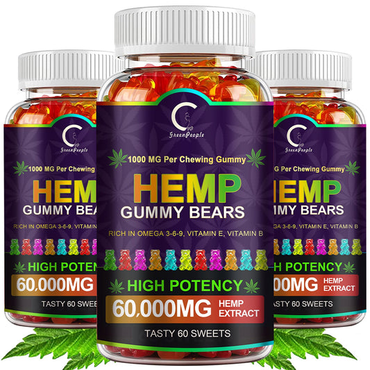 GPGP GreenPeople (3 Pack) Hemp Gummies 60,000mg Extra Strength, 100% Natural Hemp Oil Infused Bear Gummy, Promotes Focus Calm, Sleep and Calm Mood - GPGP GREENPEOPLE