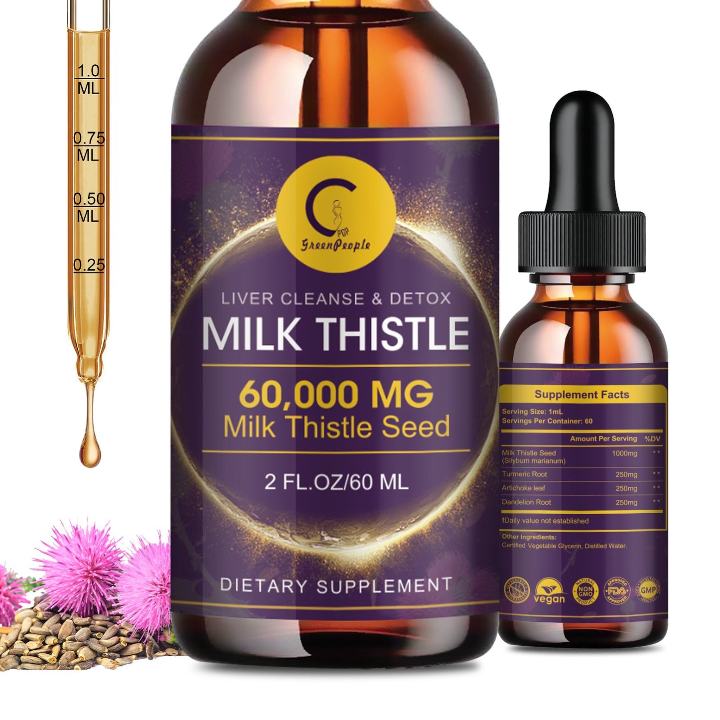 Milk Thistle Extract Drops for Liver Cleanse & Repair - 1000mg Milk Thistle Supplement with Turmeric, Artichoke and Dandelion Root, 4-in-1 High Potency Herbal Tincture, Vegan, Non-GMO, 2.1 FL OZ - GPGP GREENPEOPLE