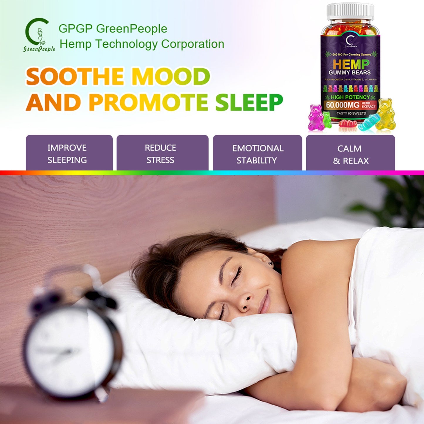 GPGP GreenPeople (3 Pack) Hemp Gummies 60,000mg Extra Strength, 100% Natural Hemp Oil Infused Bear Gummy, Promotes Focus Calm, Sleep and Calm Mood - GPGP GREENPEOPLE