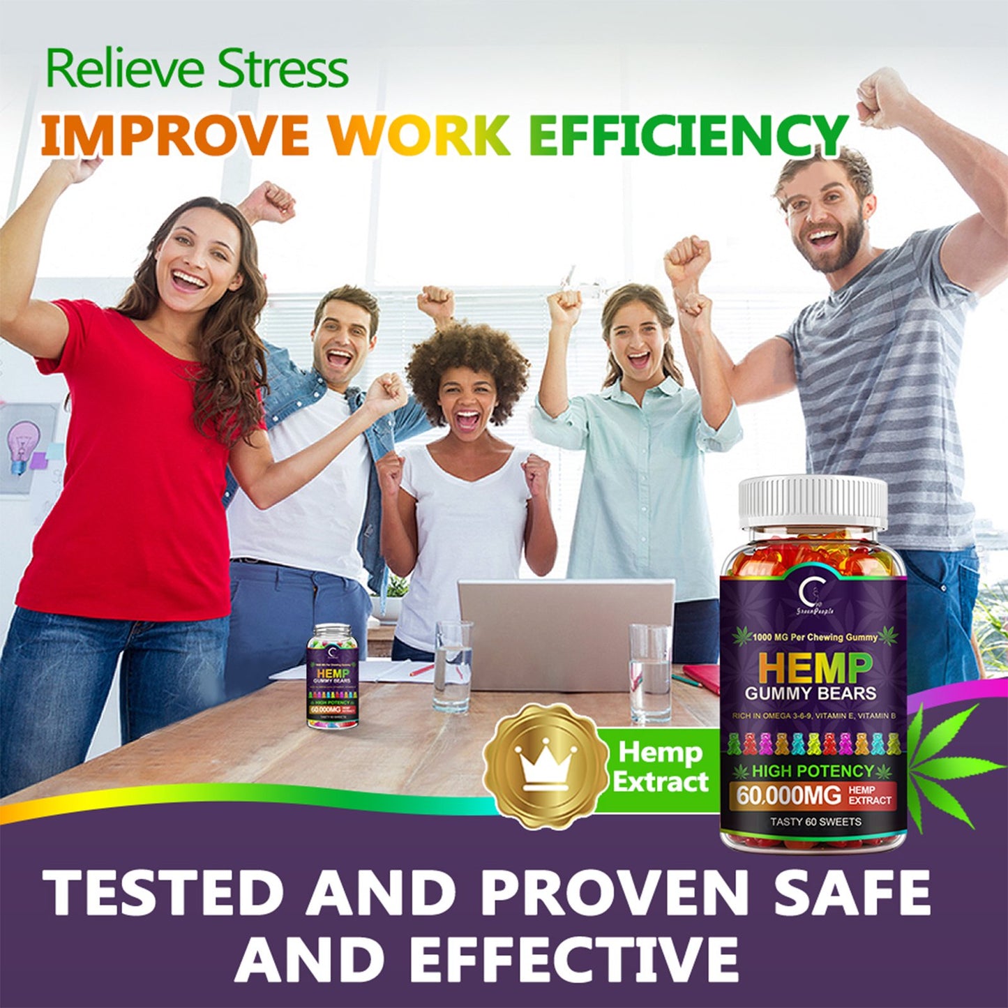 GPGP GreenPeople (3 Pack) Hemp Gummies 60,000mg Extra Strength, 100% Natural Hemp Oil Infused Bear Gummy, Promotes Focus Calm, Sleep and Calm Mood - GPGP GREENPEOPLE