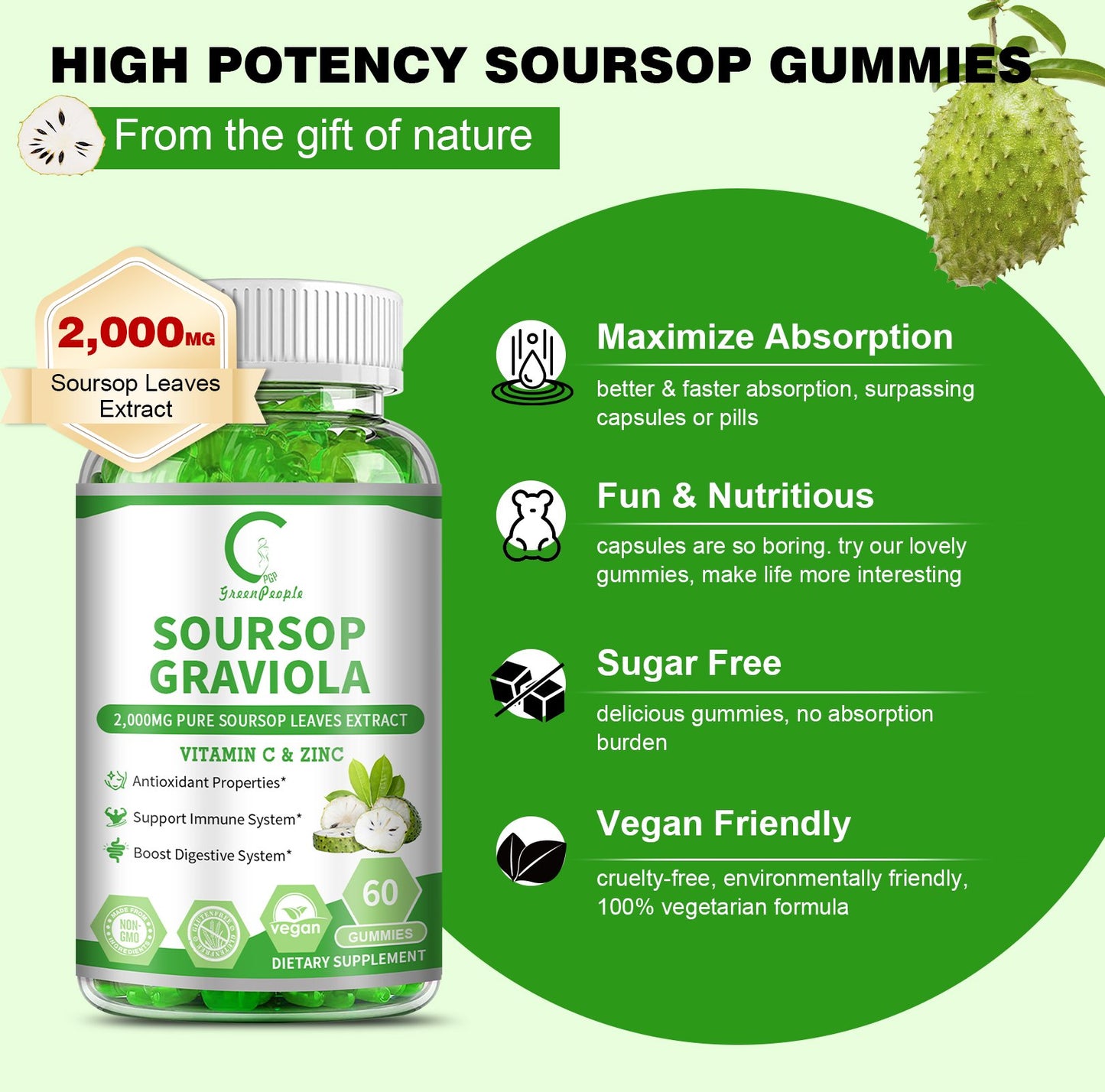 Soursop Graviola Gummies, Soursop Leaves Extract for Energy Boost, Digestive & Immune Support, Antioxidant Properties, Pure Soursop Fruit Gummies, Vegan, Non-GMO, 60 Counts